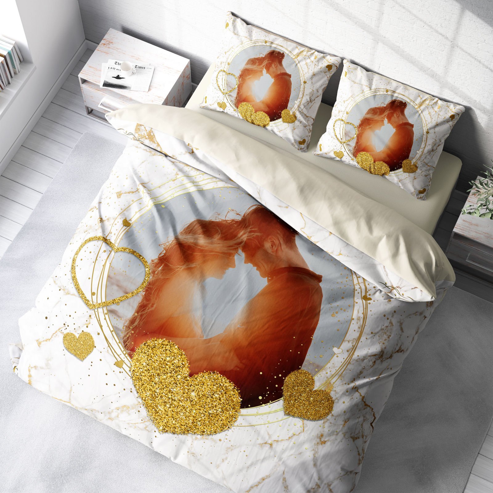 Monohome Kişiye Özel Çift Kişilik Nevresim Takımı Golden White Marble Heart