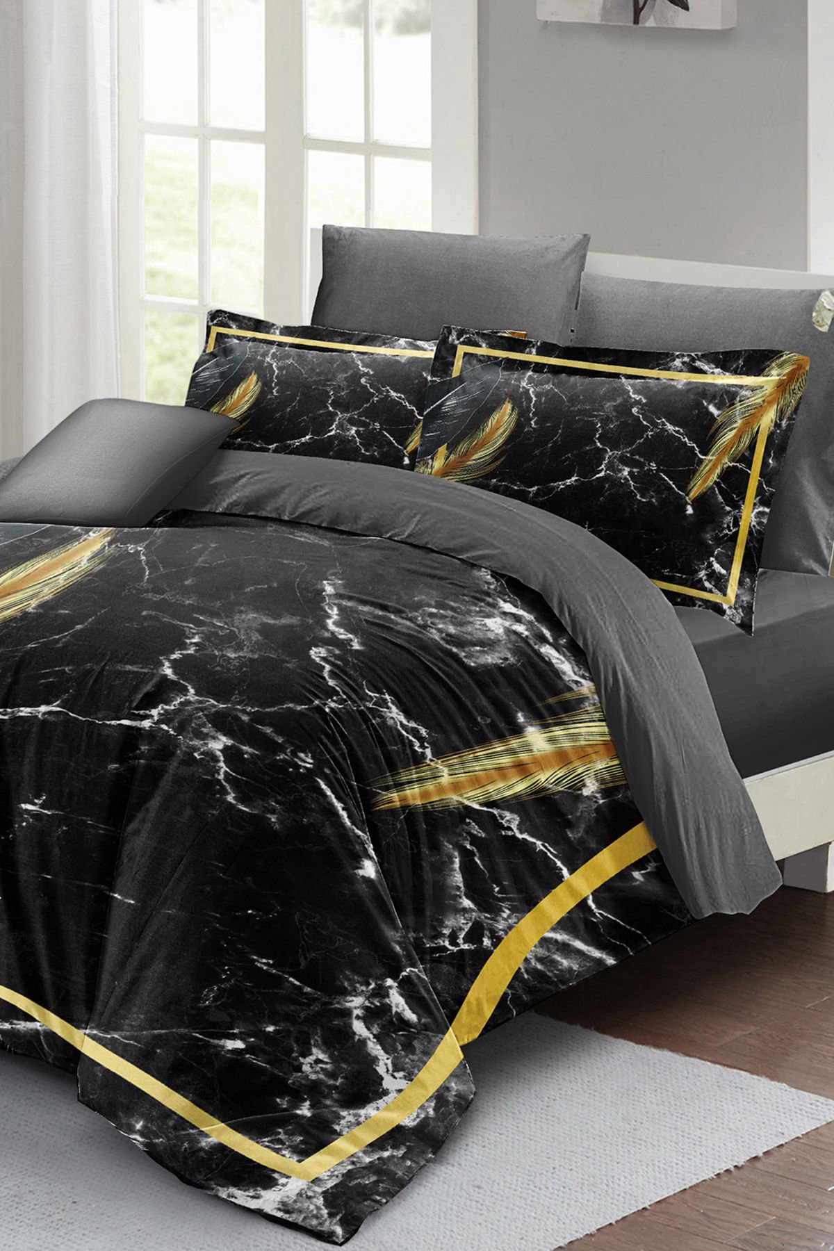 Lastikli Çarşaflı %100 Pamuk Saten Çift Kişilik Nevresim Takımı Dark Marble