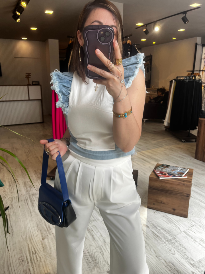 Denim Detaylı Tasarım Crop