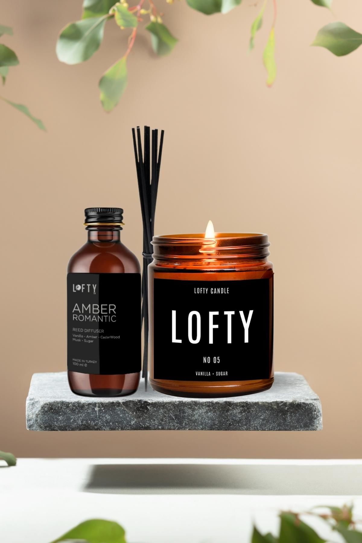 2'Li Set Amber Romantik Bambu Çubuklu Oda Kokusu ve Vanilyalı Dekor Mum