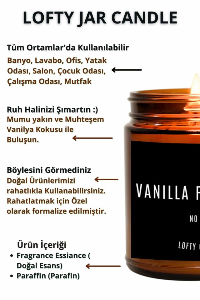 Lofty Decor Beyaz Etiket Amber Kavanoz Mum Dekor Aromaterapi Rahatlatıcı Vanilya Kokusu 210 GR