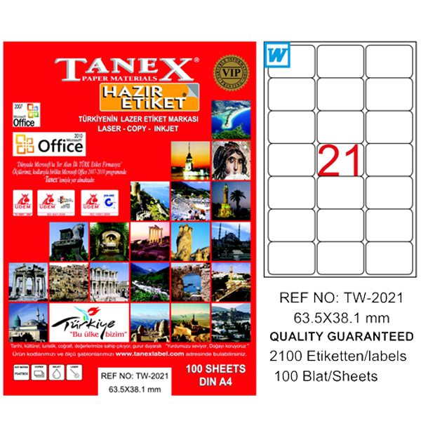 Tanex Laser Etiket 100 YP 63x38 MM Laser-Copy-Inkjet TW-2021 - 20Adet - KOLİ