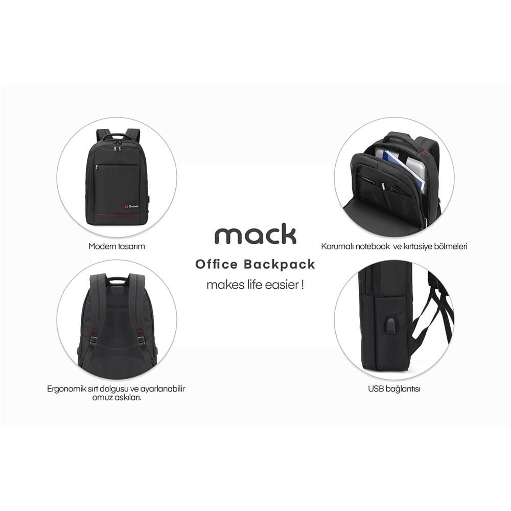 Mack MCC-007 17.3'' Office USB Girişli Notebook Sırt Çantası Siyah