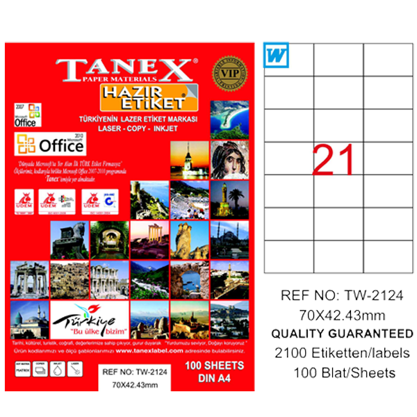 Tanex Laser Etiket 100 YP 70x42.43 Laser-Copy-Inkjet TW-2124 - 20Adet - KOLİ