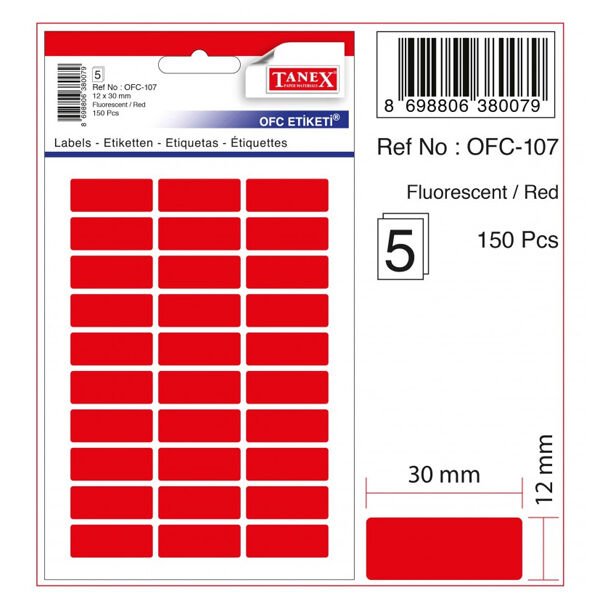 Tanex Ofis Etiketi Poşetli 12x30 MM Fosforlu Kırmızı OFC-107 - 10Adet - PKT