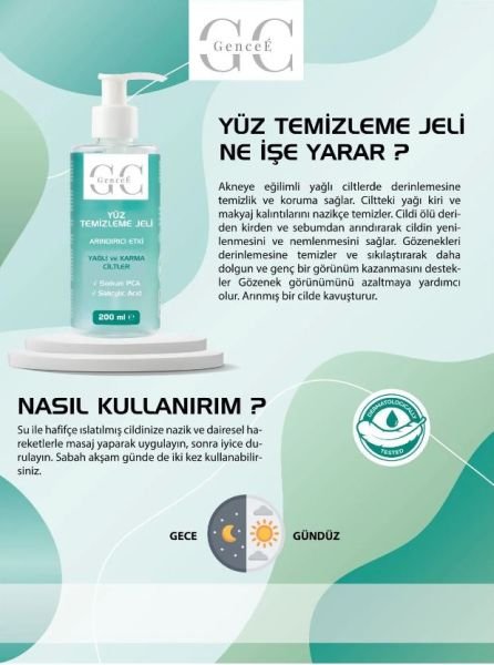 GenceE Yağlı ve Karma Ciltler için Siyah Nokta, Akne ve Leke Karşıtı, Sebum Dengeleyici Yüz Temizleme Jeli