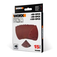 WORX WA2000 140x90mm 60, 80, 120 Kum, 15 Parça Cırtlı Universal Mouse Zımpara Kâğıdı Seti