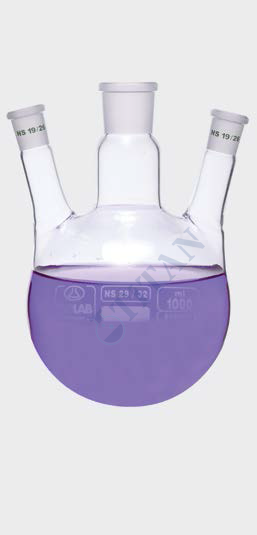 ISOLAB - 030.38.250 balon - dibi yuvarlak - 3 boyunlu - yan dişi şilif - merkez boyun : NS 24/29 - yan boyun(lar) : NS 19/26 - 250 ml (1 adet / paket)