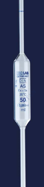 ISOLAB - 021.05.050 pipet - cam - bullu - AS kalite - grup sertifikalı - mavi skala - 50 ml (10 adet / paket)