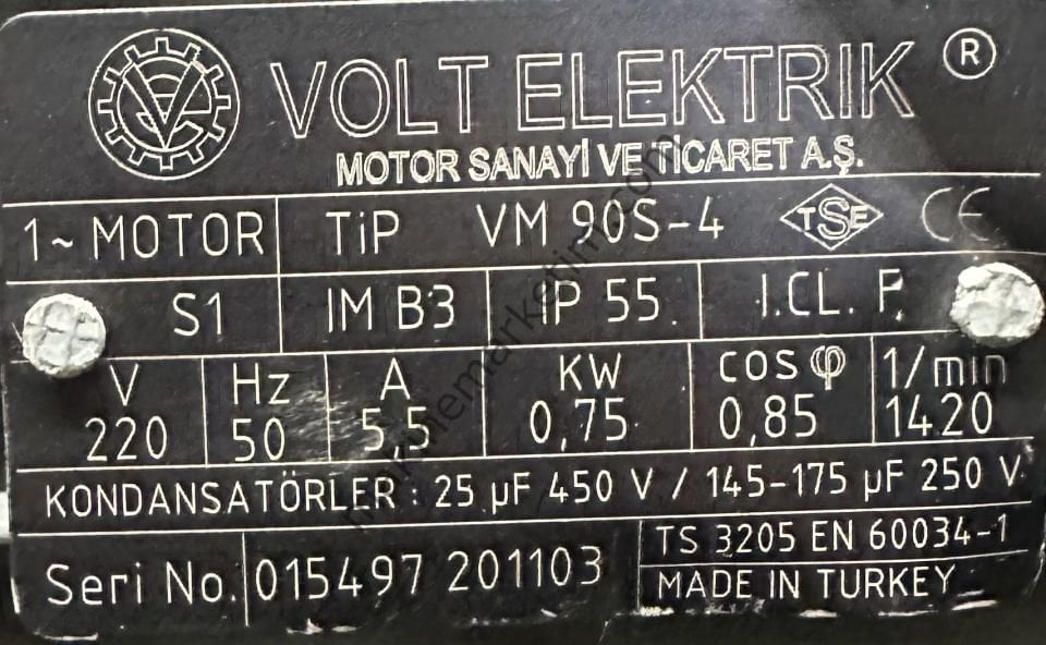 Volt 0.75 KW 1400 Devir 220Volt (Monofaze) Motor