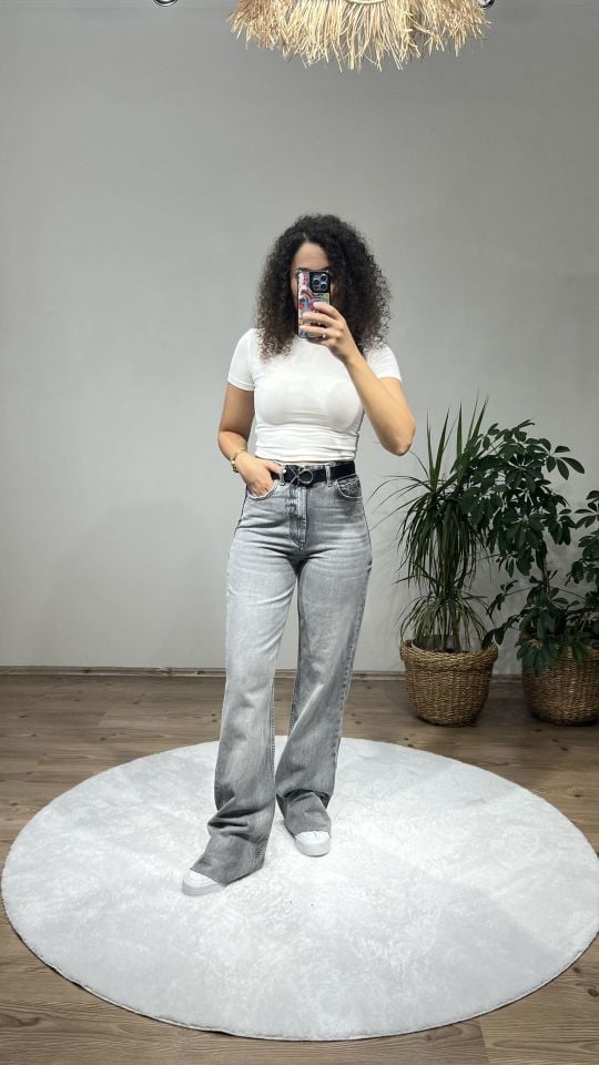 Zr Gri Yıkamalı Wide Leg Jean