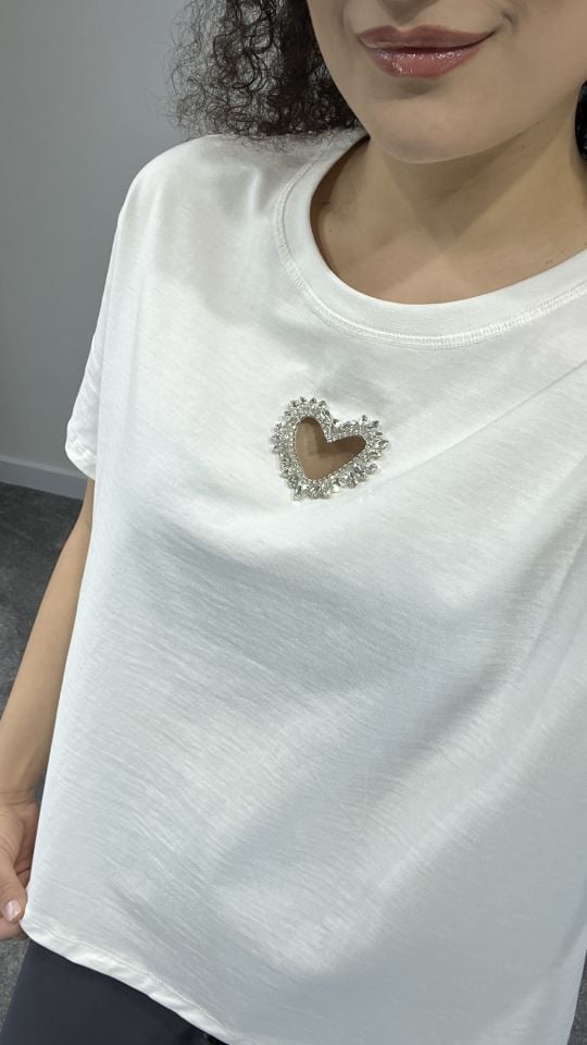 Taş İşlemeli Ekru Tshirt