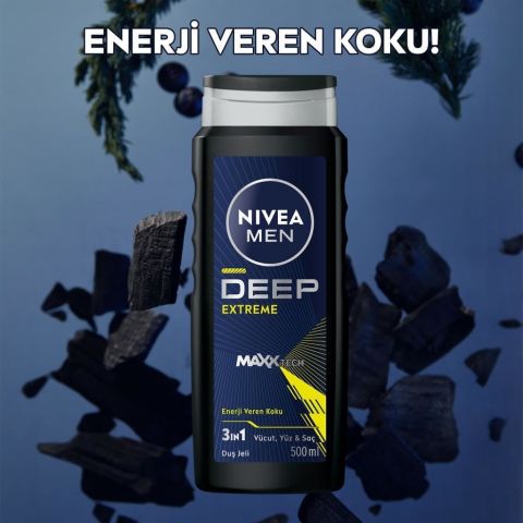 Nivea Men Deep Extreme Duş Jeli 500ML 3'ü 1 Arada Vücut Saç ve Yüz