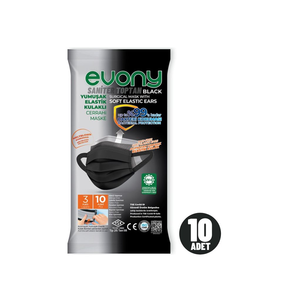 Evony Black Elastik Kulaklıklı Siyah Cerrahi Maske 10'lu