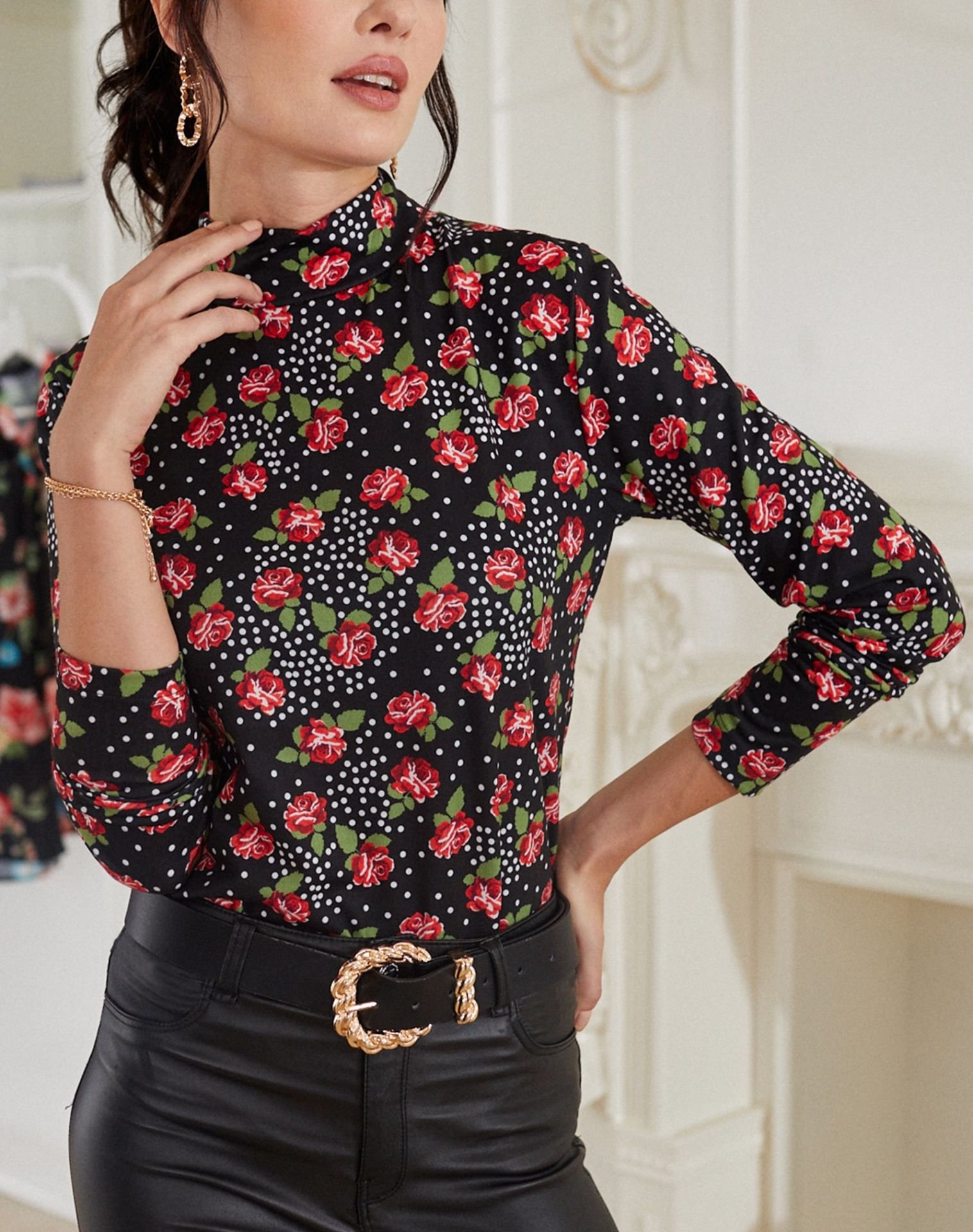 BLACK-RED-FLORAL BLOUSE