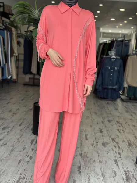 Qupra Boncuk Detaylı Tencel Gömlek Pantolon Takım QAY62102