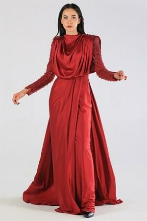 Kenzel Kolu Taşlı Bordo Abiye Elbise (KENZEL-1104)