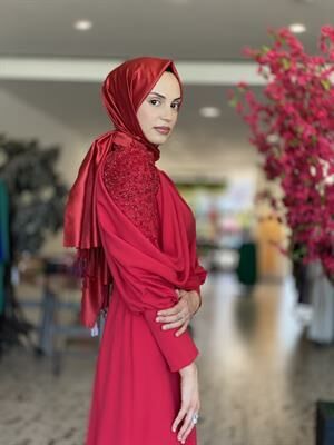 Kenzel Kırmızı Taşlı Saten Abiye Elbise (KENZEL2104)