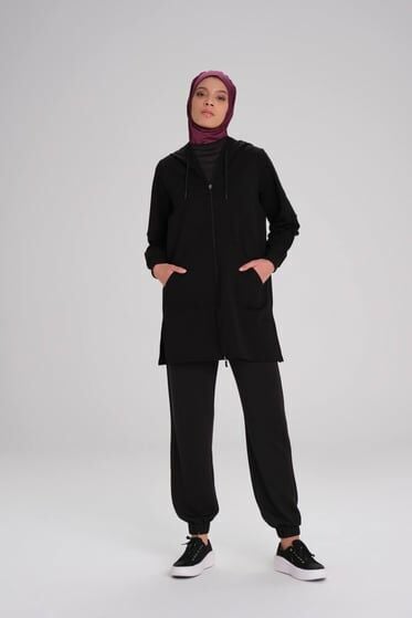 Haşema Yumuşak Dokulu Kapüşonlu Fermuarlı Basic Sweatshirt ACT15