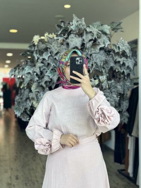 Kahma Kolları Gül Detaylı Pamuk Keten Bluz Etek Takım