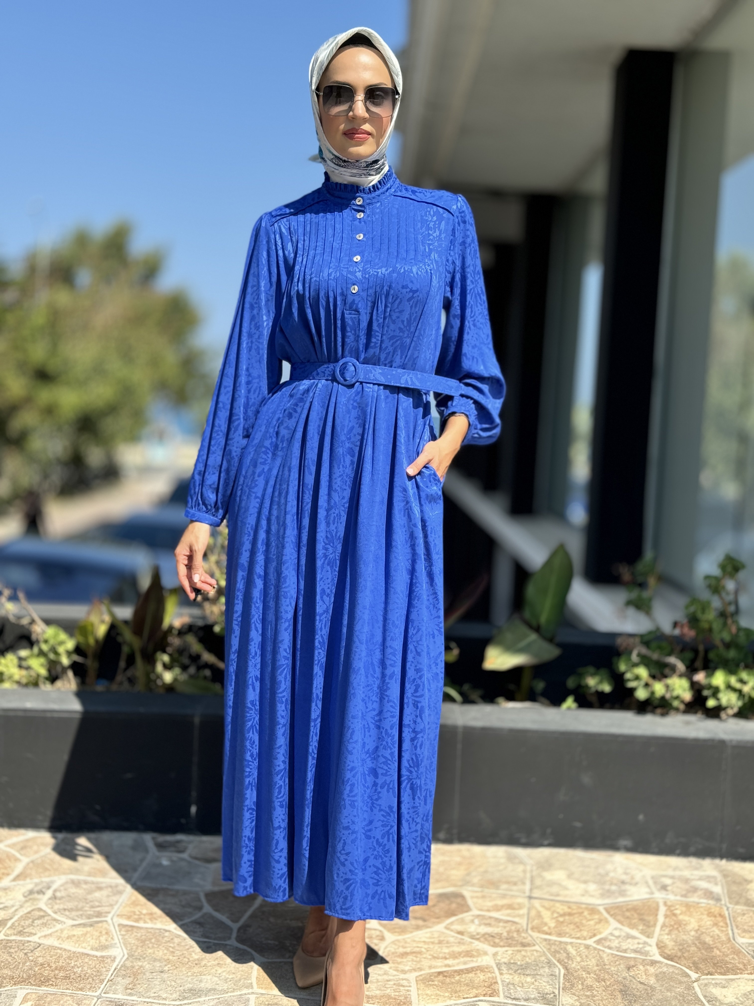 Almarwah Yarım Düğmeli Pili Detaylı Viscon Elbise 303752