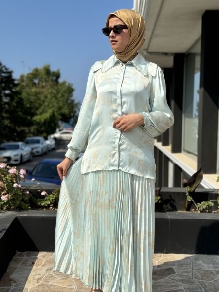 Qupra Desenli Saten Gömlek Etek Takım QAY62141