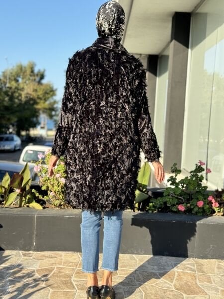 Misswhence Saçak Detaylı Siyah Kadife Kap 36413