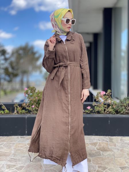 Misswhence Fermuar Detaylı Ham Keten Pardesü 35517 KAHVE - 38