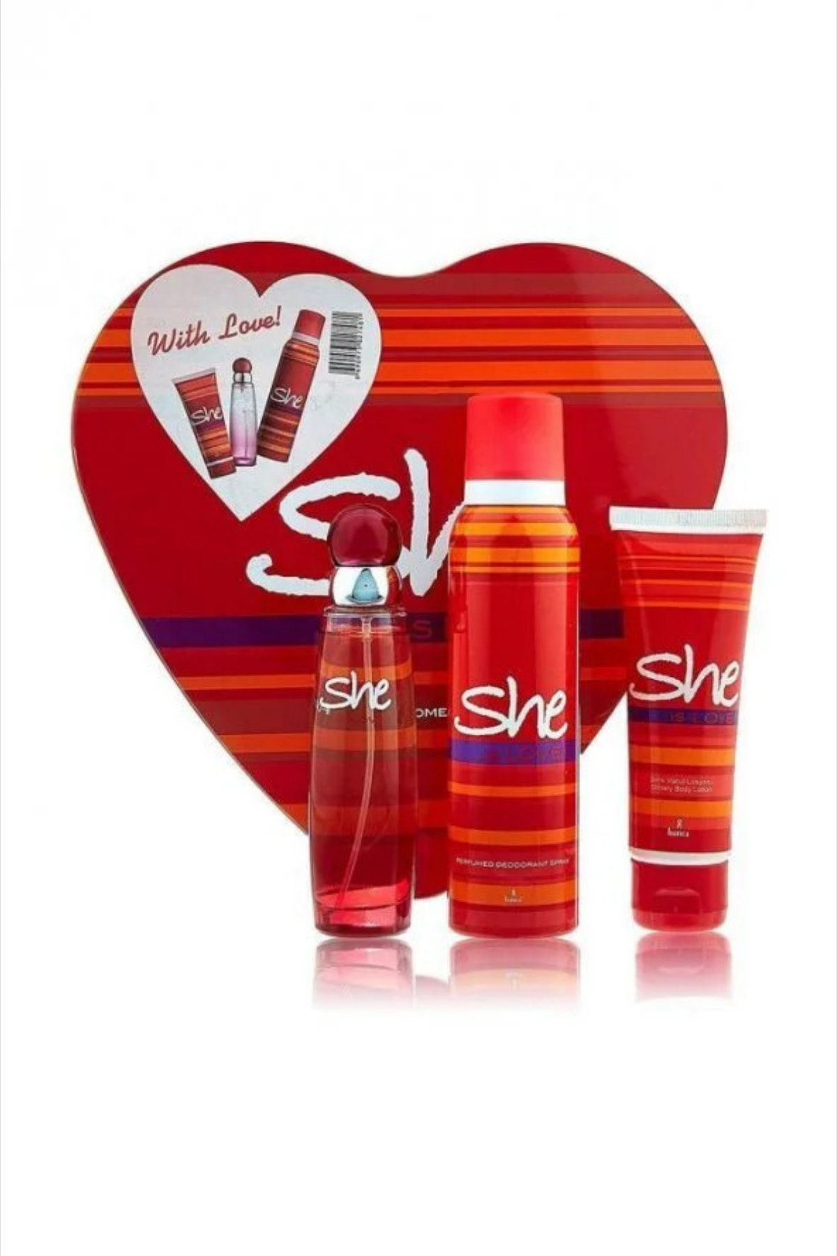 She Love Kadın Parfüm Kalpli Set 50 ml EDT Parfüm - Deodorant - Vücut Losyonu 3'lü Set