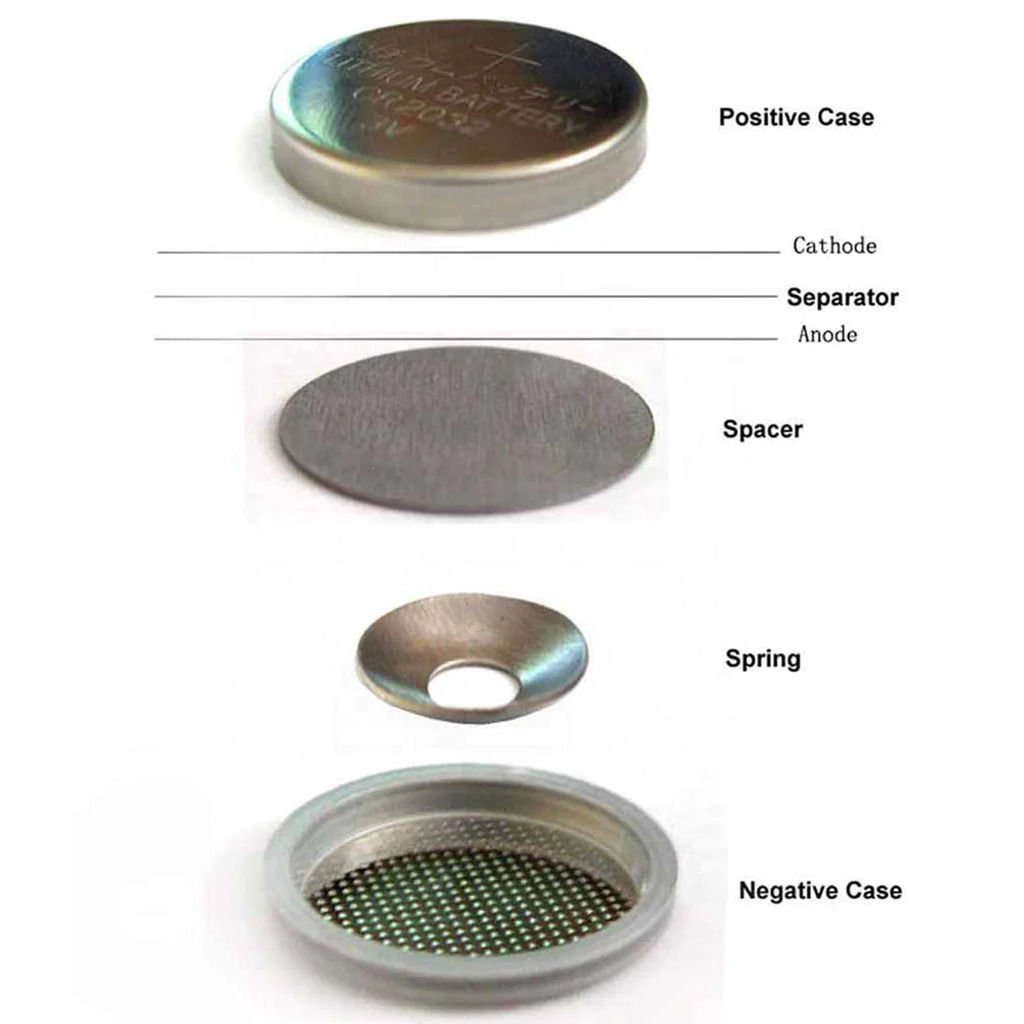CR2032 Coin Cell Cases with 304SS (Negative Case, Cone Spring, Spacer, Positive Case)