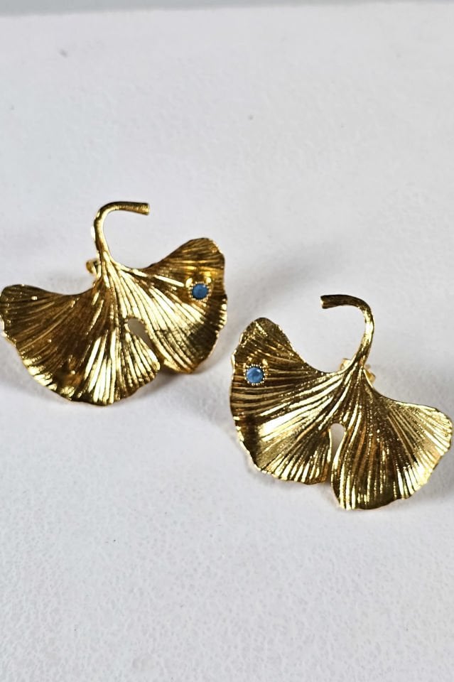 Turkuaz Taşlı Ginko Küpe