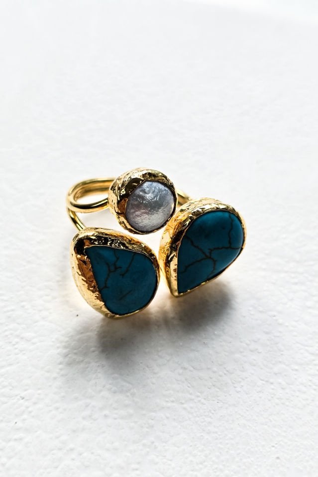 Turkuaz Taşlı İnci Yüzük