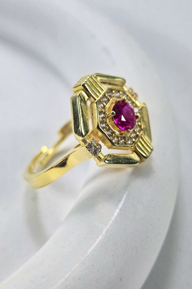 925 Ayar Gümüş 14 Ayar Altın Kaplama Ruby Taşlı Yüzük