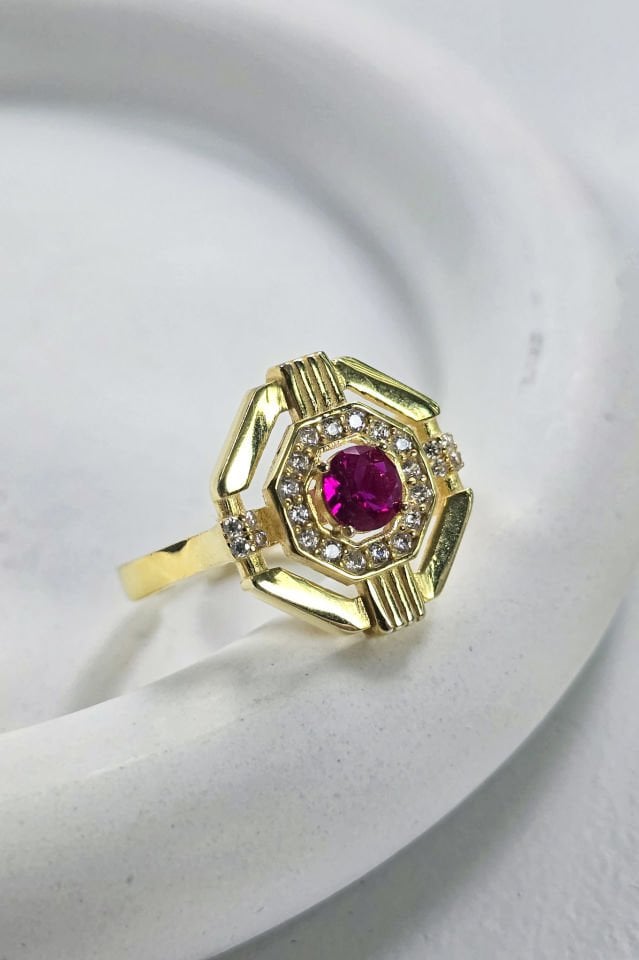 925 Ayar Gümüş 14 Ayar Altın Kaplama Ruby Taşlı Yüzük