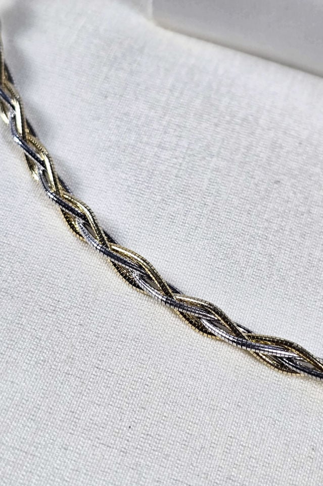 925 Ayar İtalyan Gümüş 14 Ayar Altın ve Rodyum Kaplama Çift Renk Kolye