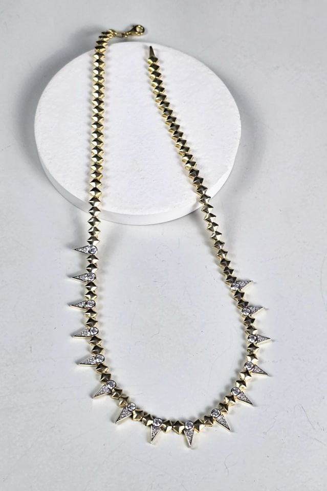 925 Ayar Gümüş 14 Ayar Altın Kaplama Üçgen Taş Detaylı Kolye