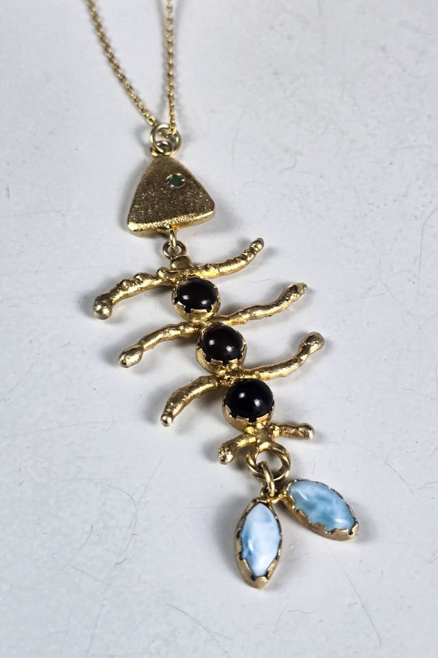 925 Ayar Gümüş 14 Ayar Altın Kaplama Aquamarin Balık Kolye