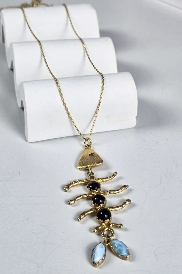 925 Ayar Gümüş 14 Ayar Altın Kaplama Aquamarin Balık Kolye