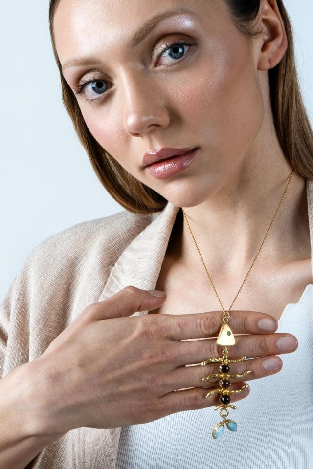 925 Ayar Gümüş 14 Ayar Altın Kaplama Aquamarin Balık Kolye