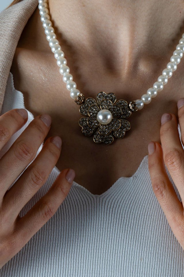 Bronz Çiçek İnci Kolye Küpe Set