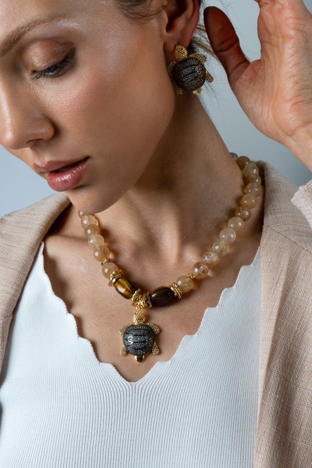 Sitrin Caretta Kolye Küpe Set (3.Çakra/Solar Pleksus Çakra Taşı)