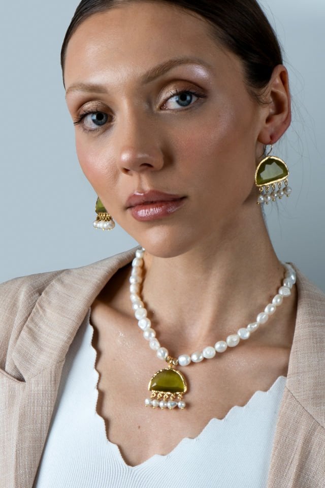 Cat Eye Stone Kolye Küpe Set