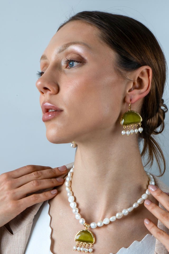 Cat Eye Stone Kolye Küpe Set