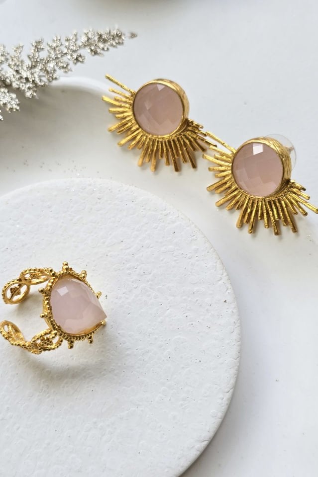 Rose Quartz Küpe Yüzük Set