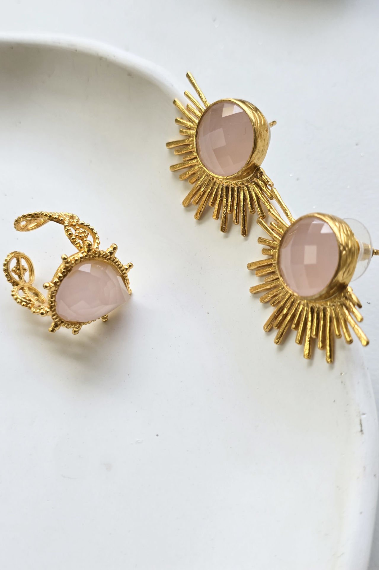 Rose Quartz Küpe Yüzük Set