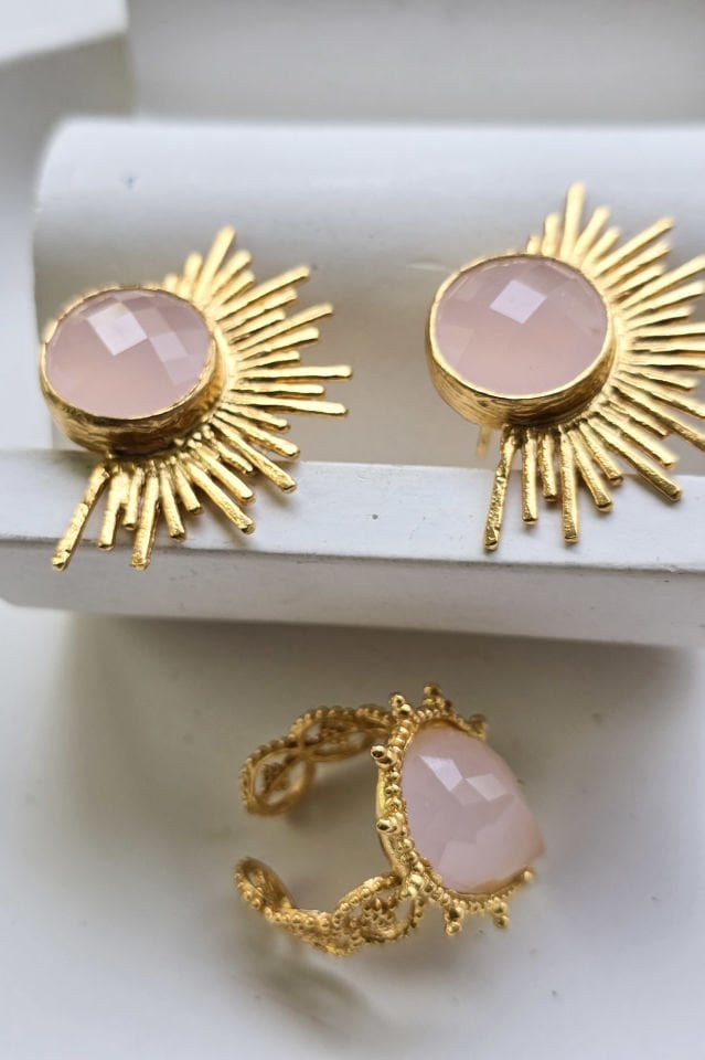 Rose Quartz Küpe Yüzük Set