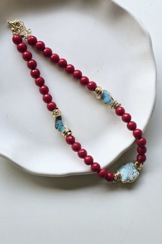 Turkuaz & Mercan Taşlı Kolye