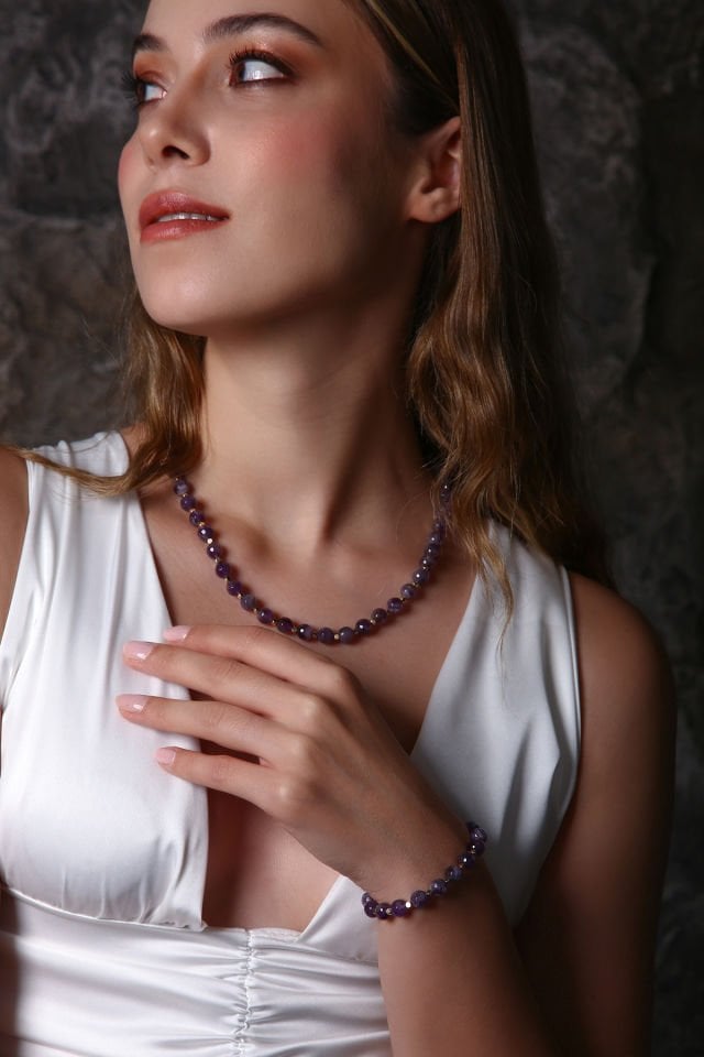 Ametist Kolye Bileklik Set (6.ve 7. Çakra/Üçüncü Göz ve Tepe Çakra Taşı)