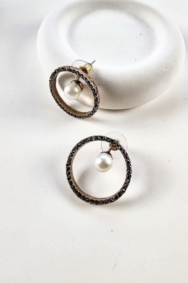 Lunaire İncili Bronz Küpe Yüzük Set
