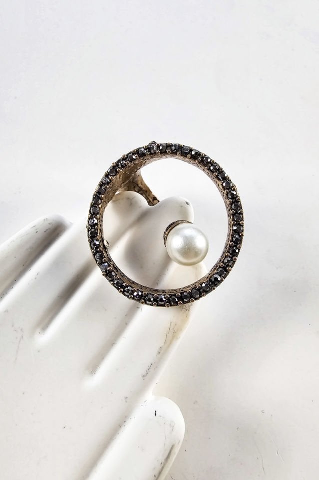 Lunaire İncili Bronz Küpe Yüzük Set